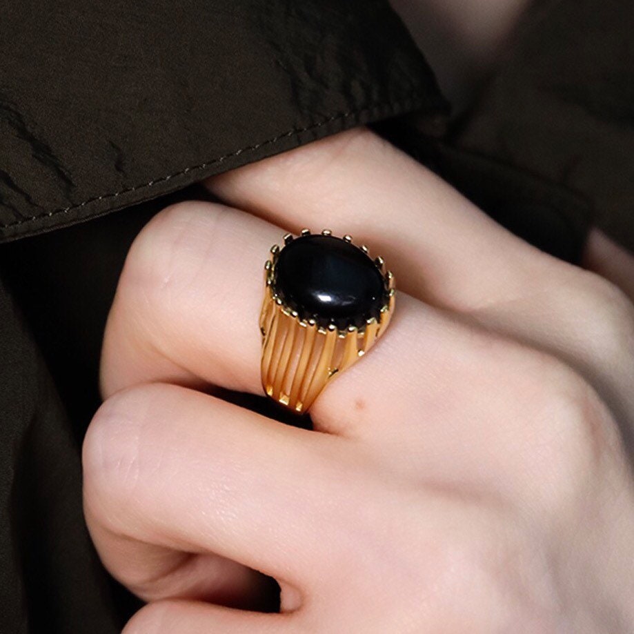 Black Onyx Ring Black Stone Ring Vintage Gold Ring Synthetic