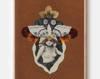 Impresión artística de la Madre Polilla: Collage de flores prensadas, ilustración de la diosa (8x10)