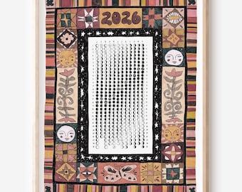 Calendario de fases lunares 2026 / Ilustración de arte folclórico bohemio con estilo