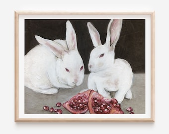 Impresión de pintura al óleo "Conejos y granadas": Arte del mito de Perséfone