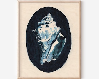 Impresión artística de conchas marinas: pintura de conchas marinas, arte popular azul (8x10)