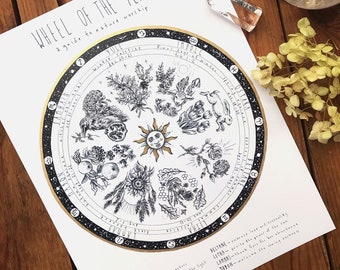 Wheel of the Year Art Print // Celtic Calendar // Pagan Folk Illustration // Perpetual Seasonal Calendar // Hand Embellished with Gold