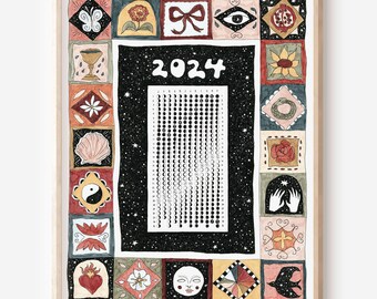 2024 Lunar Calendar // Groovy Illustrated Moon Phase Calendar // Symbolic Folk Tapestry // 70s Boho Moon Calendar