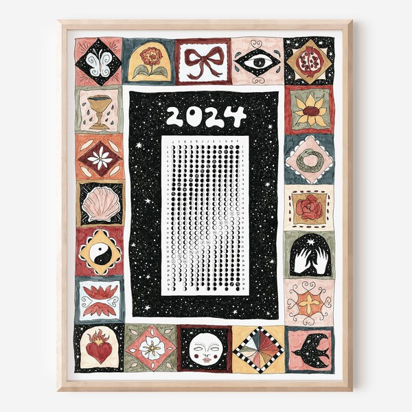 Calendrier lunaire 2024 // Calendrier des phases de lune illustré Groovy // Tapisserie folklorique symbolique // Calendrier lunaire Boho des années 70