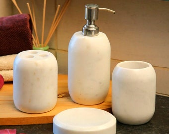 Natural White Marble Bathroom Accessories Set, Set of 4,Liquid Soap Dish,Tooth Brush Holder,Bathroom Essentials,Trendy Bath Décor,Modern Set