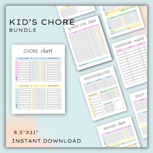 May include: A printable bundle of chore charts for kids. The charts include a chore chart, screen time chart, homework tracker, responsibilities chart, reward chart, and a daily chart. The charts are designed in pastel colors with a rainbow theme.