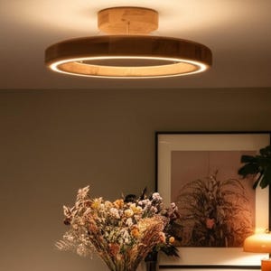 Walnut Wooden LED Ceiling Light – Modern Ring Chandelier, Dimmable Flush Mount, Wood Chandelier, Handmade Solid Wood Pendant Lamp for Dining