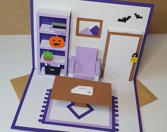 Halloween Escape Room Pop-Up Greeting Card With Jigsaw Puzzle - Living Room