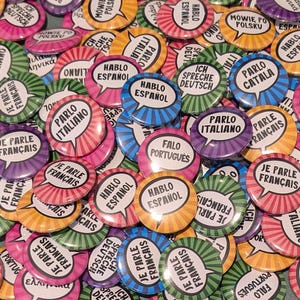 Bulk language pins button badges. I speak. Yo hablo espanol. Asl pin. Cymraeg pin. Ich spreche Deutsch. Parle Francais pin