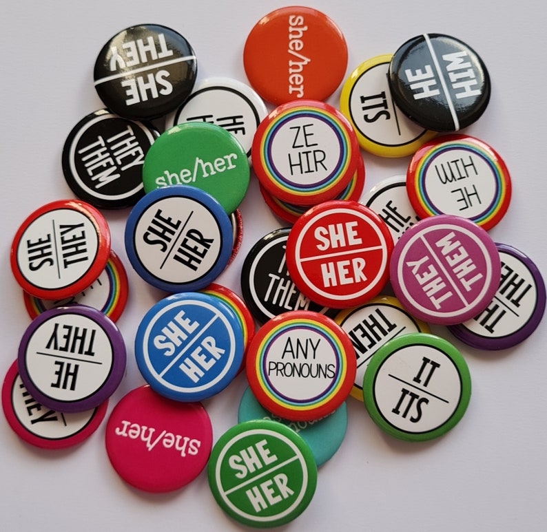 Bulk pack of pronoun pins 1 inch/25mm mixed designs image 3