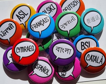 Bulk language pins button badges. Francais, espanol, cymraeg. Your choice of languages. I speak badges pins