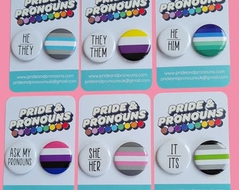 Pronoun pin and pride pin set. Non-binary pride, trans pride, lgbtq, ally. Any combination of pins available.