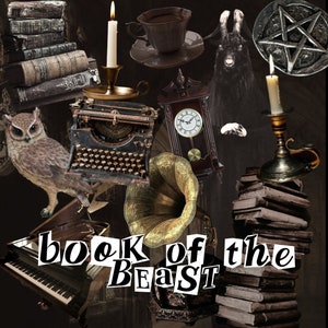 Puede incluir: Una m&aacute;quina de escribir vintage, un gram&oacute;fono, un reloj, una pila de libros, una vela y un b&uacute;ho est&aacute;n dispuestos alrededor de las palabras "book of the beast" en una est&eacute;tica g&oacute;tica oscura.