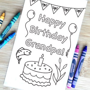 Tarjeta imprimible para colorear de feliz cumpleaños, tarjeta de felicitación de feliz cumpleaños para abuelo