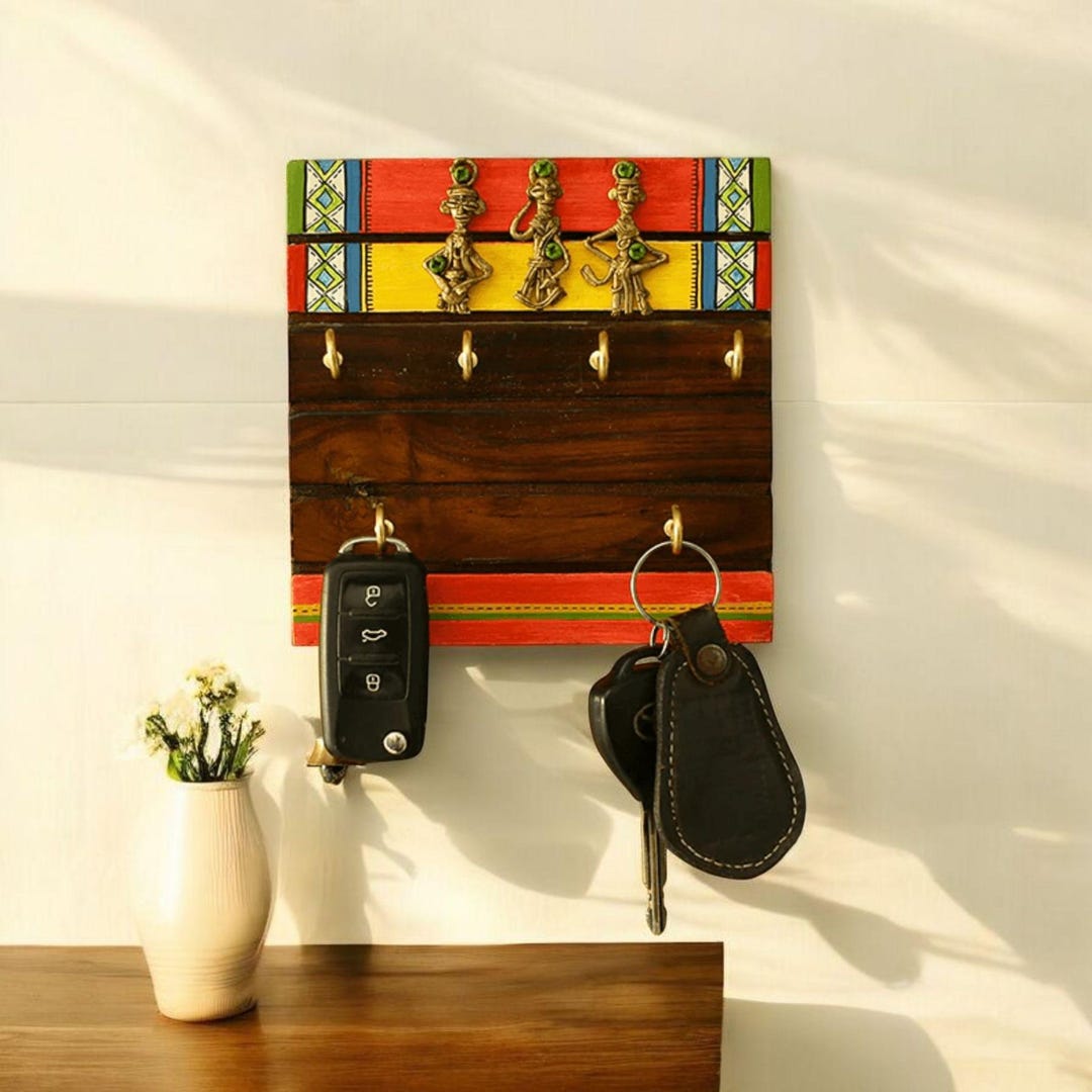 Handmade Sheesham Wood Key Holder, Warli Dhokra Art, 6 Hook Organizer ...