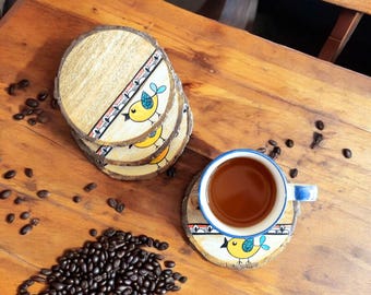 Hand-Painted Mango Wood Coasters, Bird Design, Set of 4