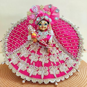 Festive Rani Pink Thakur Ji Dress – Royal Zari Patch Design & Beaded Detailing with Full Shringar Set, Laddu Gopal Dress, Kanhaji Poshak