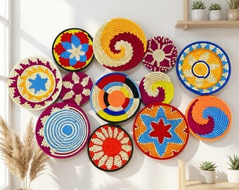 Juego de cestas de pared tejidas estilo bohemio, decoración africana para el hogar, cestas decorativas de estilo rústico.