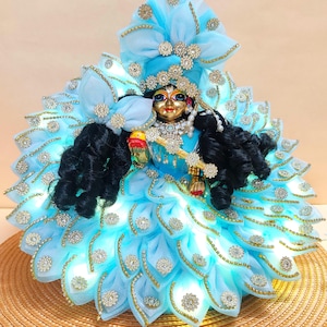 LED Light-Up Laddu Gopal Janmashtami Dress – Sky Blue Two-in-One Krishna Dress with Mukut & Full Shringar, Kanhaji Dress, Radha Rani Dress
