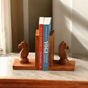 Houten schaakridder boekensteunen, handgemaakte boekensteunen van sheeshamhout, cadeau boekenliefhebber, boekaccessoires, boekdecor, geschenken, boekenhouder