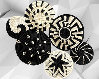 Black and Natural Sabai Grass Handwoven Baskets, Wall Baskets, African Baskets, Boho Wall Decor, Monochrome Plates, Wicker Baskets, Wall Art