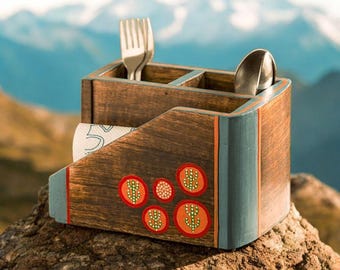 Hand-Painted Mango Wood Cutlery Holder, Desert Theme Kitchen Organizer