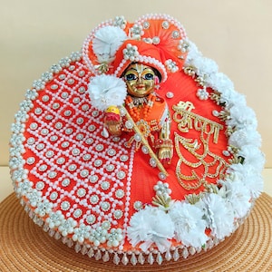 Traditional Orange Gopal Ji Outfit, Golden Charan Motif With “Shree Krishna” Name Patch Laddu Gopal Dress, Kanhaji Dress, Radha Rani Dress