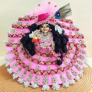 Laddu Gopal Dress in Soft Pink – Elegant Lace Design with Handmade Patches, Crown & Shringar Accessories, Gopal Ji Outfit, Krishna Dress
