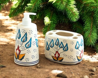 Handbemalter Keramik Badezimmer Set - Mughal Floral Seifenspender & Zahnbürstenhalter