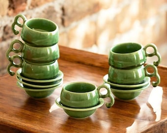 Handcrafted Ceramic Tea Cup Set | Jade Green, Indian Artisan Glazed