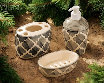 Handpainted Moroccan Ceramic Bathroom Set – Grey & Off-White, 3-Piece