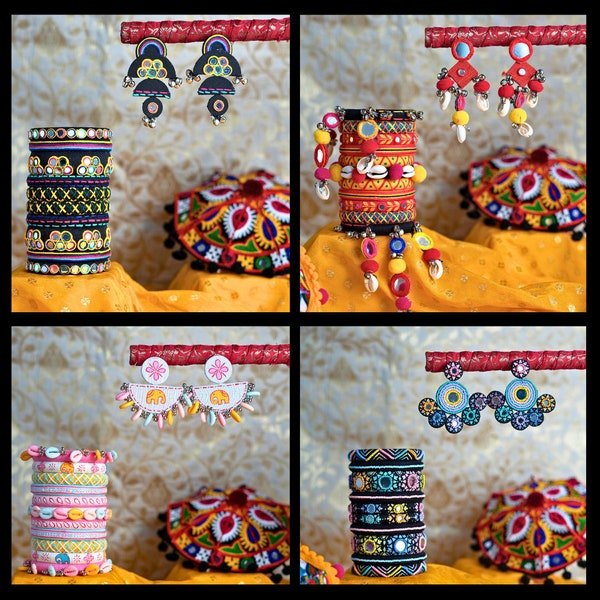 Ensemble jonc spécial femme Navratri avec boucle d'oreille, bijoux bohèmes, bijoux de festival, bijoux bohèmes, boucles d'oreilles bohèmes, bracelet bohème