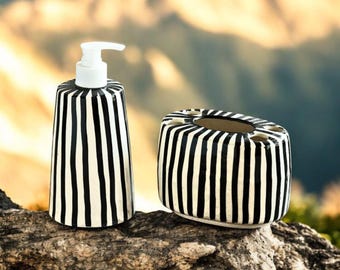 Handbemalte Zebra Keramik Badezimmer Set - Seifenspender und Zahnbürstenhalter