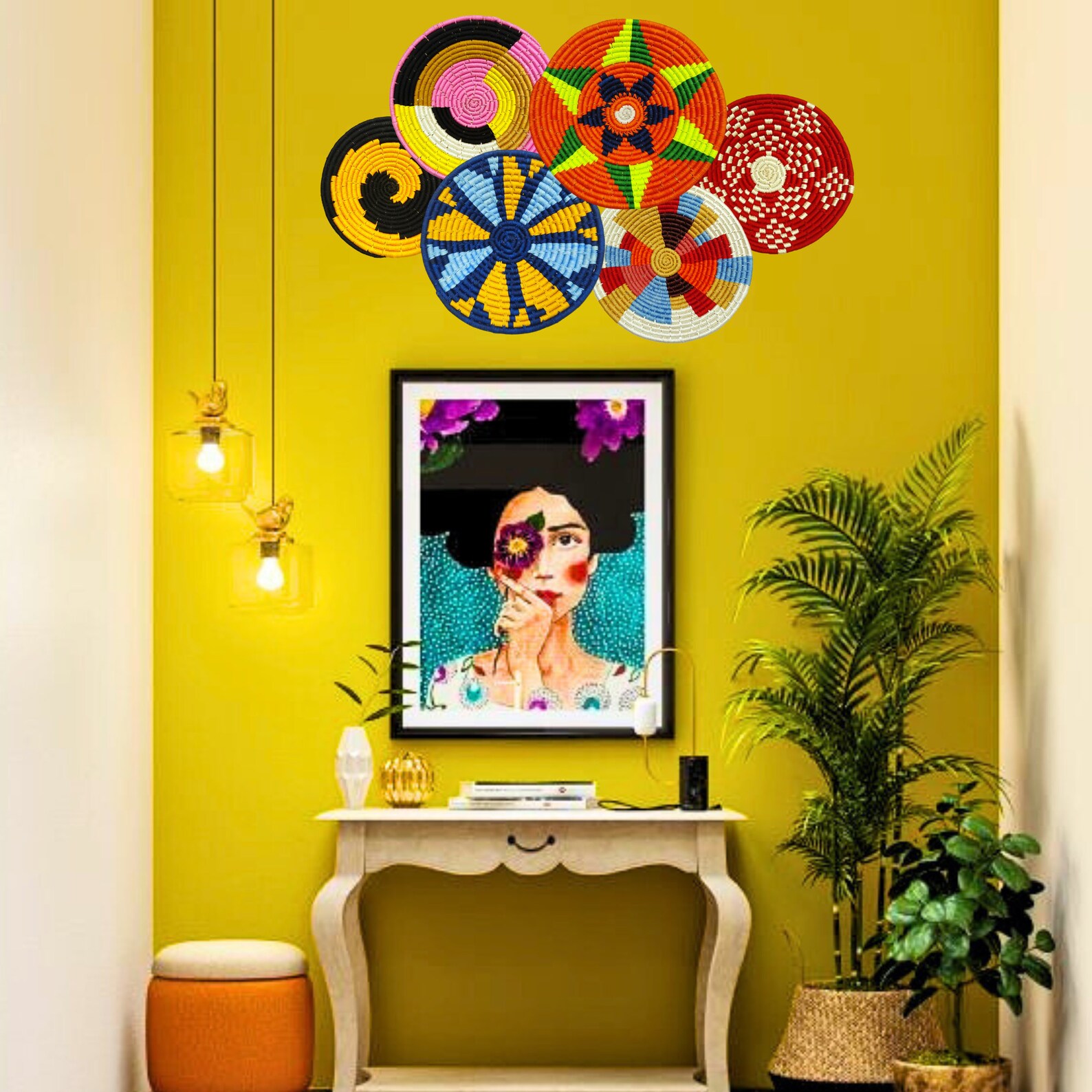 Boho Elegance Set of 18 Handwoven Sabai Grass Basket Wall Decor African