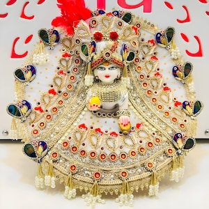 Royal White Krishna Poshak, Ladoo Gopal Dress With Intricate Zari Patches, Elegant Peacock Patches & Matching Mukut Ensemble, Kanhaji Dress