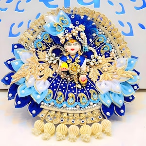 Janmashtami Special Laddu Gopal Dress – Royal Blue Krishna Dress with Embroidered Peacock Motifs, Mukut & Shringar, Festive Krishna Outfit
