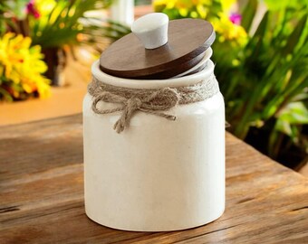 Vintage Ceramic Kitchen Jar with Wooden Lid, Jute Rope Detail