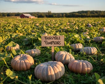 May include: A field of pumpkins with a sign that reads "Fairytale Pumpkins". The pumpkins are a mix of tan and gray colors, and are sitting in a field of green grass. A red barn is visible in the background.