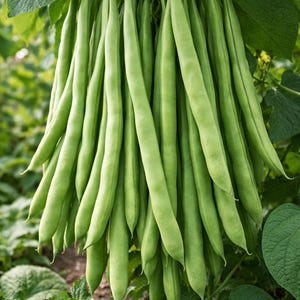 May include: A close-up shot of a cluster of fresh, vibrant green string beans hanging from a plant. The beans are long and slender, with a smooth texture. The background features green leaves and a hint of the garden setting.
