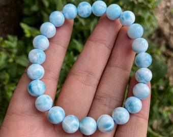 Pulsera Larimar de piedras preciosas, Pieza de coleccionista, Punto de energía, Joyería Larimar, Cuentas de piedras preciosas redondas pulidas Larimar, Regalo especial
