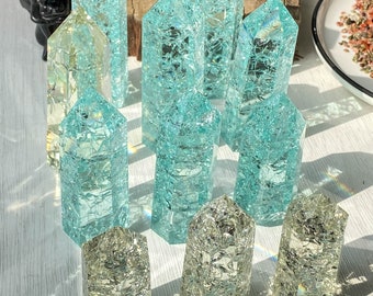 Polished Blue Yellow Crackled Quartz Crystal Towers , Crackled Quartz Crystal Point , Home Decoration , Blue Crackled Quartz Crystal Obelisk