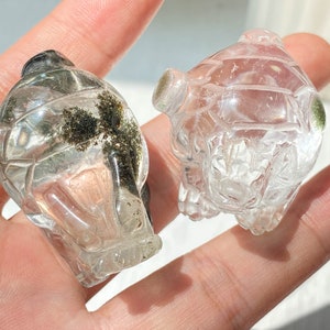 Hand-Carved Green Phantom Quartz Dragon Turtle - Clear Crystal Garden Quartz Sculpture, Special Carving Gift for Crystal Collection