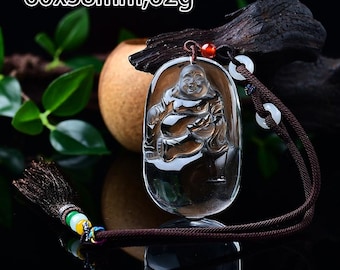 Natural Clear Quartz With Black Tourmaline Buddha Sculpture Pendant , Hand Carved Polished Crystal Statue , Crystal Pendant