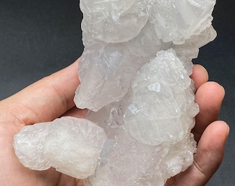 Op de afbeelding: Een cluster van doorschijnende, witte kristalformaties. De kristallen hebben een ruw, getextureerd oppervlak en worden in een hand gehouden. De achtergrond is donker en benadrukt de natuurlijke, onregelmatige vormen van het mineraalmonster.