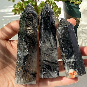 Black Rutilated Tourmaline Quartz Crystal Point Tower Obelisk , Healing Wand , Special Gift , Birthday Gift , Special Gift , Energy Crystals