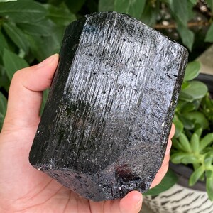 Puede incluir: Un gran cristal de turmalina negra en bruto con una estructura hexagonal columnar distintiva. La superficie presenta estrías verticales profundas y un acabado brillante y reflectante, mostrando la textura natural del espécimen.