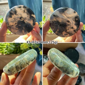 Peut inclure: Plusieurs pierres polies, dont une ronde grise et noire avec un motif nuageux et une rectangulaire verte avec des inclusions sombres. Le texte "#3-(67x14mm,125g)" est visible.