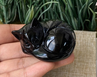 Obsidian Sleeping Cat , Crystal Carving Cat , Crystal Animal , Crystal Gift , Home Decoration , Quartz Crystal Cat , Black Cat Figurine