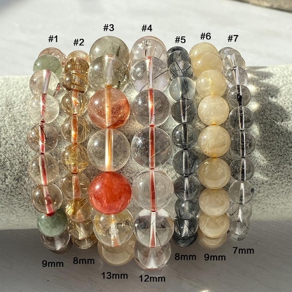 Bracelet de perles rondes en quartz rutailé, cadeaux de bijoux en cristal, bracelet en pierres précieuses de quartz rutilé en tourmaline noire, bracelet extensible