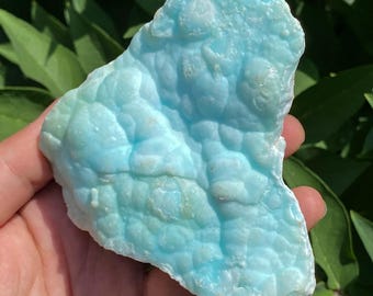Puede incluir: Una pieza de mineral de aragonita azul claro con una superficie texturizada y burbujeante. La piedra se sostiene en una mano, con follaje verde en el fondo. La aragonita tiene un color pastel suave y una forma orgánica única.